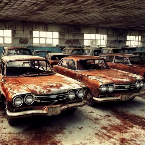 Soviet cars from the 1960s sitting abandoned in a ru...