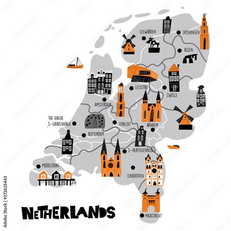 Vector flat cartoon map of Netherlands. Illustration of different ...