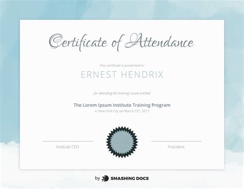 Free Certificate of Attendance Template – SmashingDocs.com