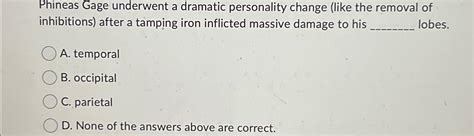 Solved Phineas Gage underwent a dramatic personality change | Chegg.com