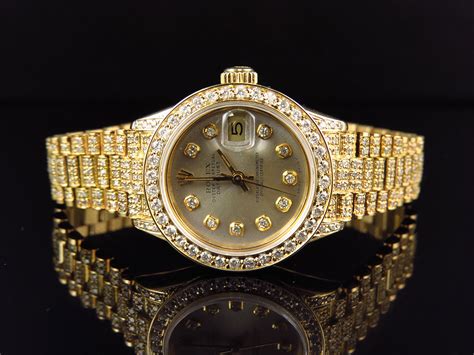 Excellent Ladies 27 MM Rolex President Datejust 18k Yellow Gold Diamond ...