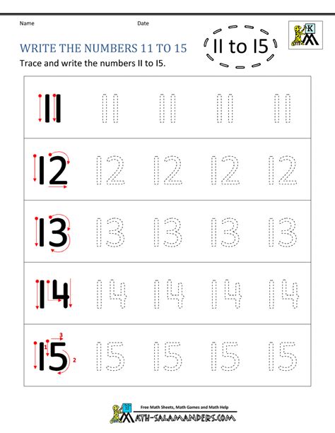 Kindergarten Writing Worksheets - Numbers to 11 to 20