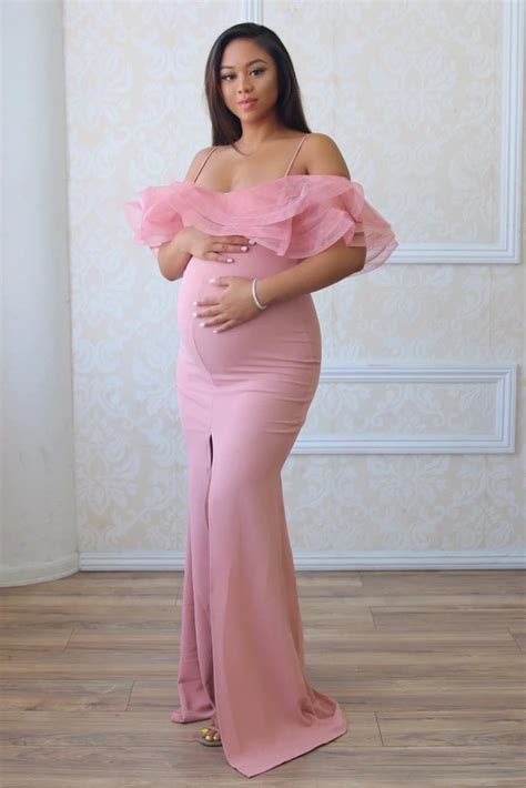 Elegant Pink Off the shoulder maternity gown Baby Shower Dress Black ...