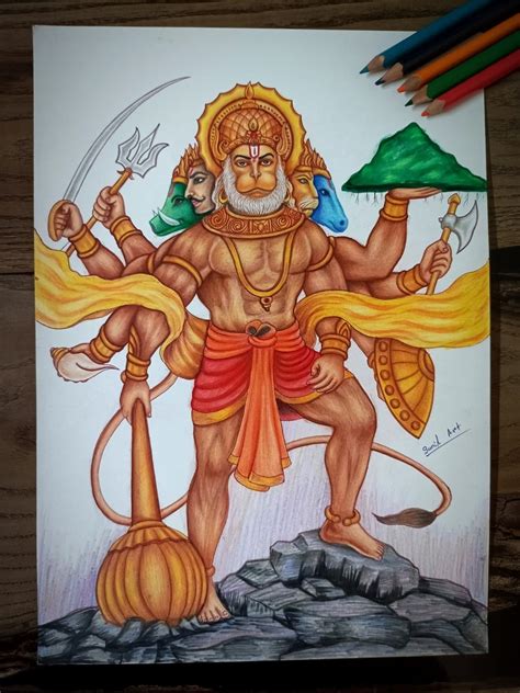 Panchamukhi Lord Hanuman | Colorpencil | By Sunil Kumar | Exotic India Art