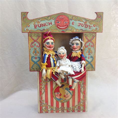 Wood carved dolls , hand painted Punch &Judy theater