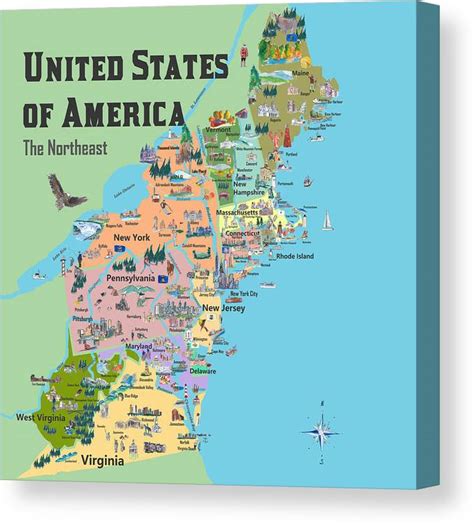 USA Northeast States Colorful Travel Map VA WV MD PA NY MS CT RI VE DE ...