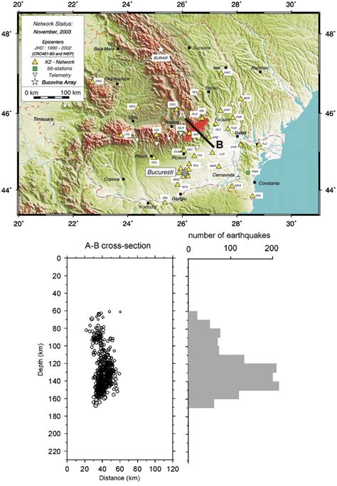 Epicentral map of the Vrancea earthquakes (1990-2002), depth ...