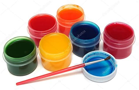 Children's paints in jars and brush — Stock Photo © NatalyaA #24541469