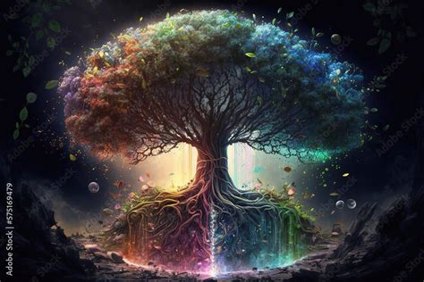 Yggdrasil tree in the middle of a beautiful garden of eden with blown ...