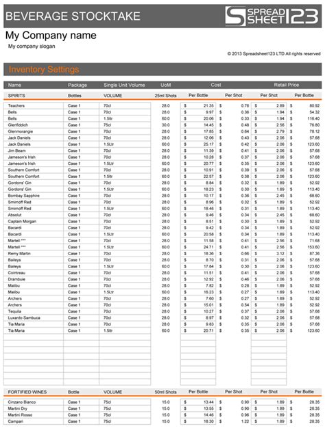 Beverage Stocktake Template for Excel