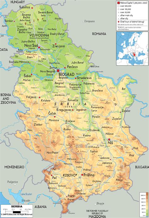 Physical Map of Serbia - Ezilon Maps