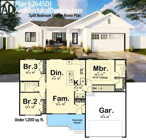 Plan 62645DJ: Split Bedroom Starter Home Plan | Starter home plans ...