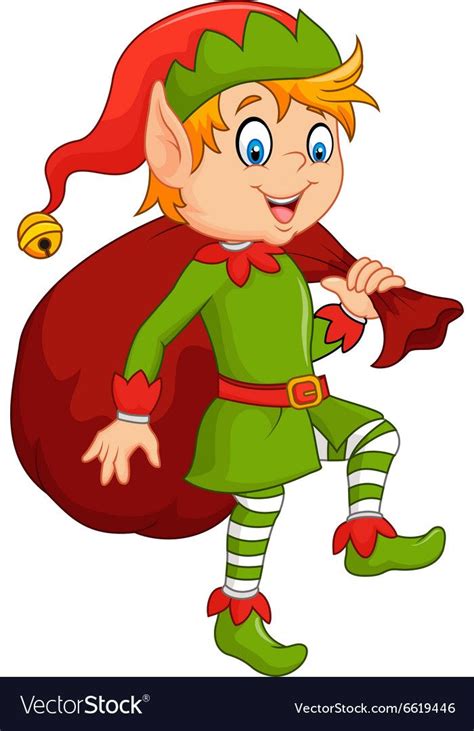 Cartoon cute elf with sack Royalty Free Vector Image | Christmas elf ...