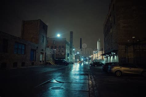 Foggy Industrial Urban Street City Night Scenery. Stock Image - Image ...