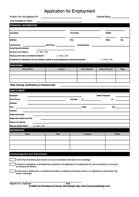 Employment Application Forms Free Printable