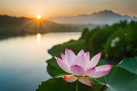 Premium AI Image | Lotus flower on the lake at sunset