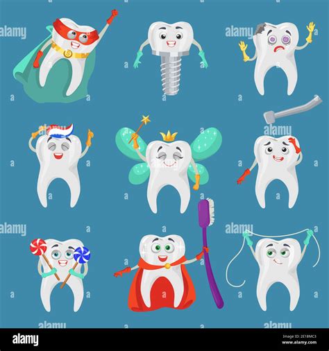 Funny tooth cartoon character set, flat vector isolated illustration ...