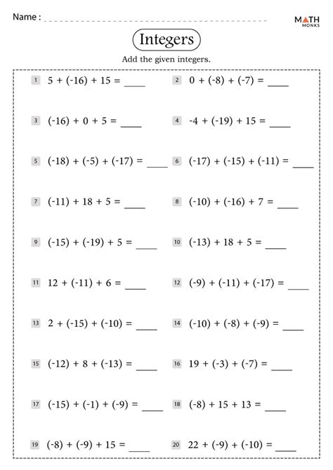 Integers Worksheets - Math Monks