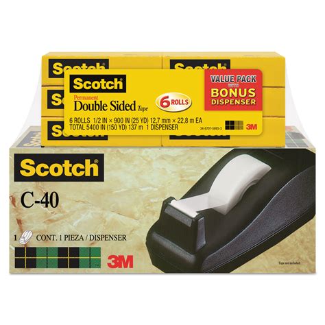 Scotch® 665 Double-Sided Permanent Tape with C40 Dispenser, 1/2" x 900 ...