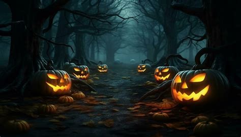 Halloween pumpkin glows, spooky night, evil forest, terrified faces ...