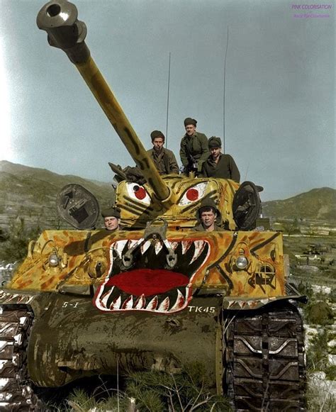 A Sherman M4A3E8 "Easy Eight" during the Korean War in April 1951 alond ...