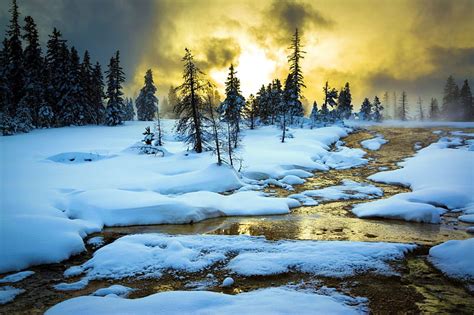 Winter Creek, water, snow, sunset, clouds, sky, firs, HD wallpaper | Peakpx