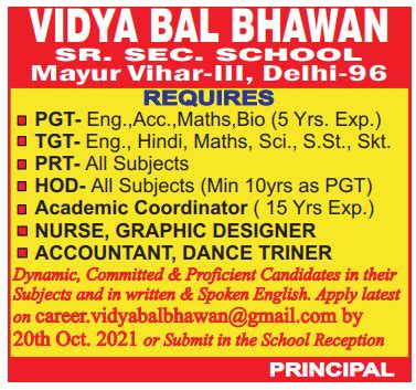 Vidya Bal Bhawan Sr. Sec. School, Delhi Wanted Teaching and Non ...