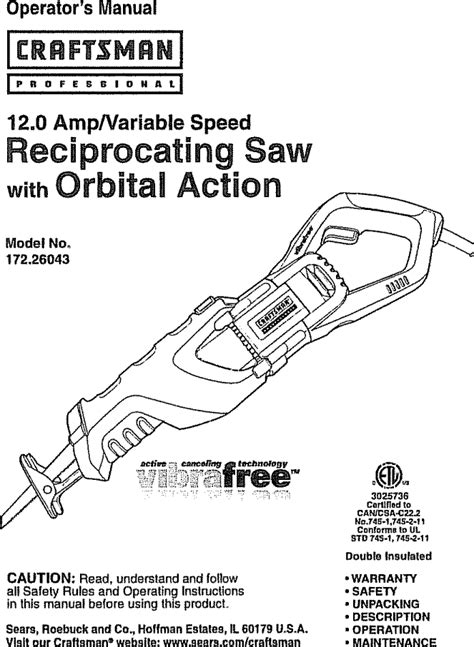 Craftsman 172260430 User Manual SAW RECIPROCATING Manuals And Guides ...