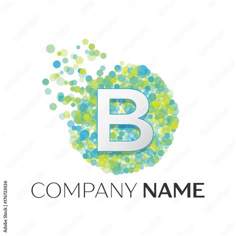 Realistic Letter B logo with blue, yellow, green particles and bubble ...