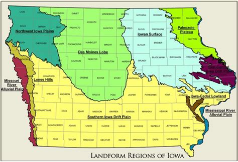 Landform Regions of Iowa, graphical map showing regions | Environmental ...