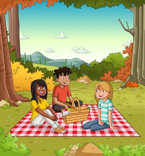 Cartoon Teenagers Having a Picnic in the Park with Grass and Trees ...