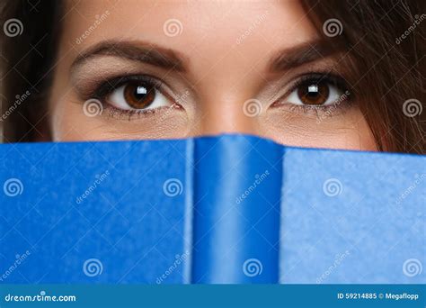 Beautiful Brunette Woman Covering Face Stock Image - Image of bookshop ...