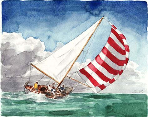 Sailboat Print Sailboat Art Sailboat Painting Striped Sail Nautical ...