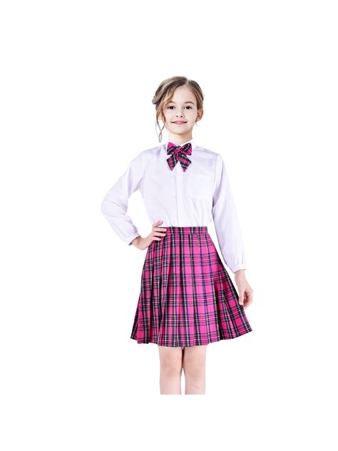 3 Pieces School Uniform Girls White Shirt Skirt Pink Tartan 11-12 Years ...