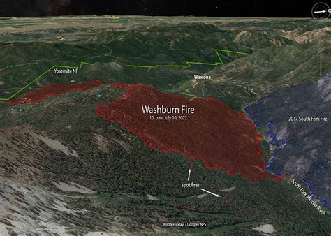 Washburn Fire, 3-D map, looking west at 10 p.m. July 10, 2022 ...