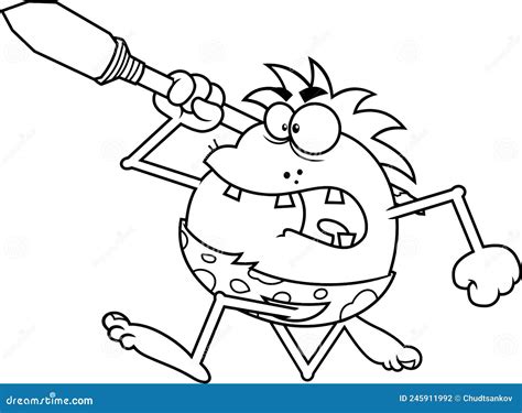 Outlined Angry Caveman Cartoon Character Running With A Spear Vector ...