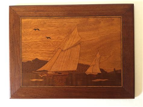 Vintage Wood Inlay Marquetry Handcrafted Picture of a Cabin in the ...