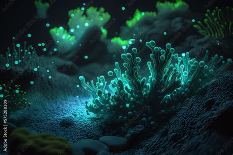 Underwater Bioluminescent plants. Marine landscape. Digital painting ...