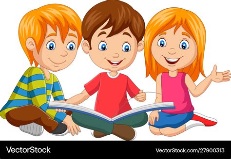 Cartoon happy kids reading a book Royalty Free Vector Image