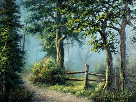 a painting of a path in the woods with trees on either side and a fence ...