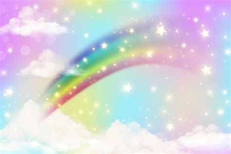 Abstract rainbow background with clouds and stars on sky. Fantasy ...