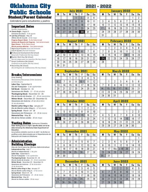 Oklahoma City Public Schools Calendar 2021-2022 in PDF