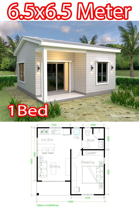 Small House Plans 21x21 Feet 6.5x6.5m One Bedroom | Guest house plans ...