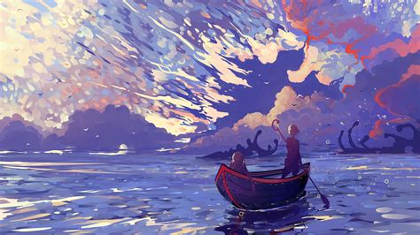 two person in boat painting digital art #artwork #sky #illustration # ...