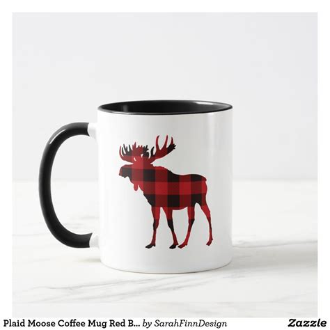 a coffee mug with an image of a moose in red and black on the front