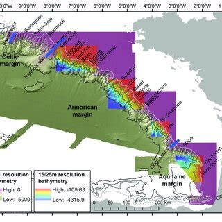 | A map of the submarine canyons incising the continental slope of the ...