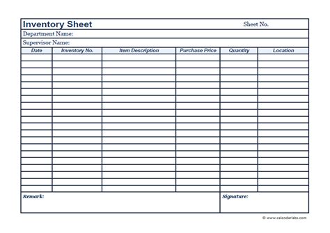 Inventory Printable Template