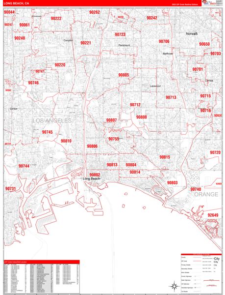 Long Beach California Zip Code Wall Map (Red Line Style) by MarketMAPS ...