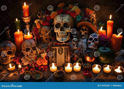 Day Of The Dead Altar, Filled With Candles And Offerings For The ...