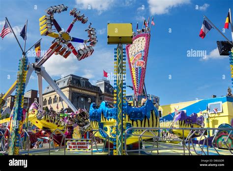 Fairground attractions at travelling funfair / traveling fun fair at ...